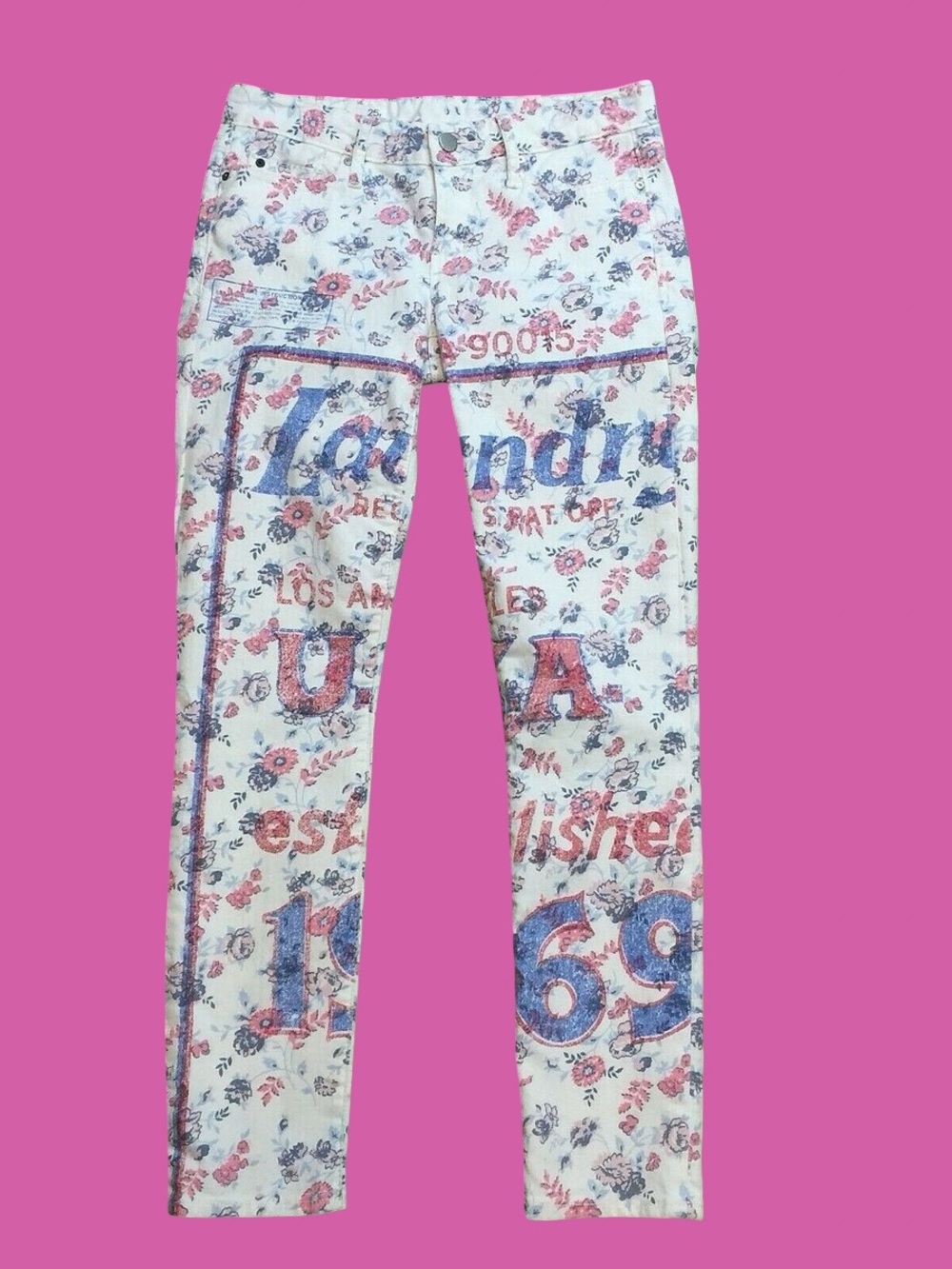 GAP White Skinny Jeans with Pink Floral Print and Blue Graphic Text